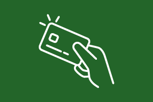 White line icon of a card held by a hand, angled left on a deep green background.