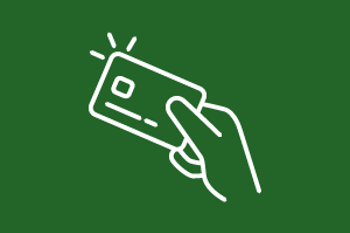 White line icon of a card held by a hand, angled left on a deep green background.