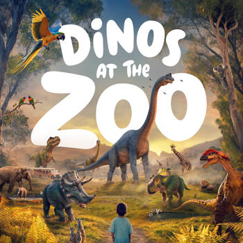 An illustration of dinosaurs and animals with a boy showing his back. Text Dinos at the Zoo.