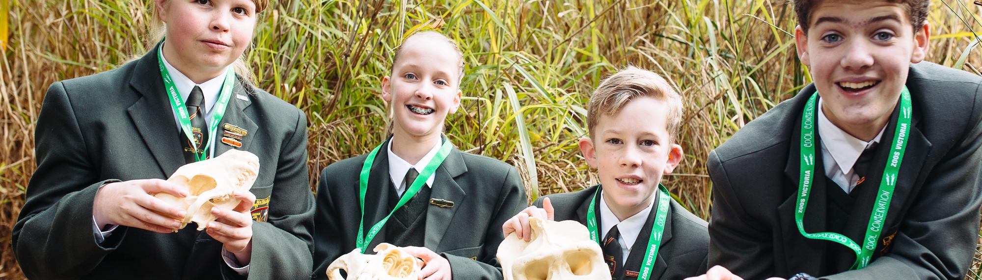 Four students, each holding a mammal skull, smile to the camera against tall grass.