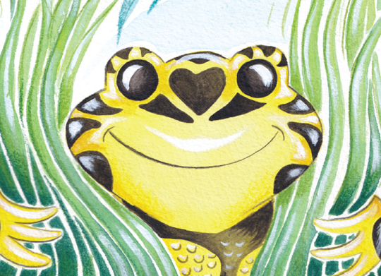 Illustration of Gyack The Corroboree Frog, poking his head through tall grass.