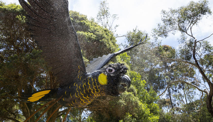 The Parrot Sculpture, seen from the front-right behind a spray of mist.