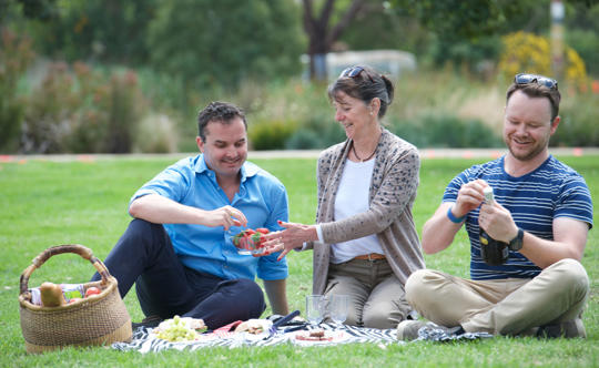 Three guests having a picnic at Melbourne Zoo, with one offering another strawberries and other opening champagne.