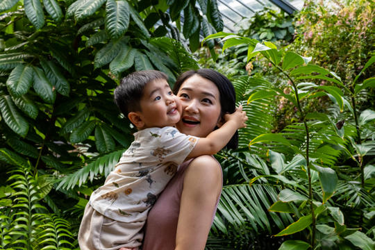 A mum and a son hugging in butterfly house