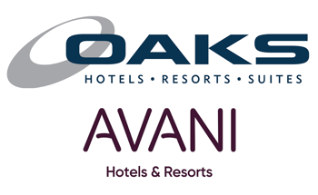 Oaks hotels, resorts, suites lobo at the top. Avani hotes and resorts logo at the bottom