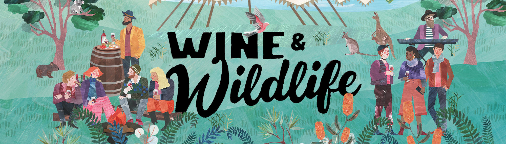 Wine & Wildlife texts with illustrations of people drinking wine in wildlife