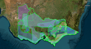 Satellite map of the state of Victoria, with at least twenty green-bordered overlay shapes on top of it.