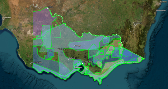 Satellite map of the state of Victoria, with at least twenty green-bordered overlay shapes on top of it.