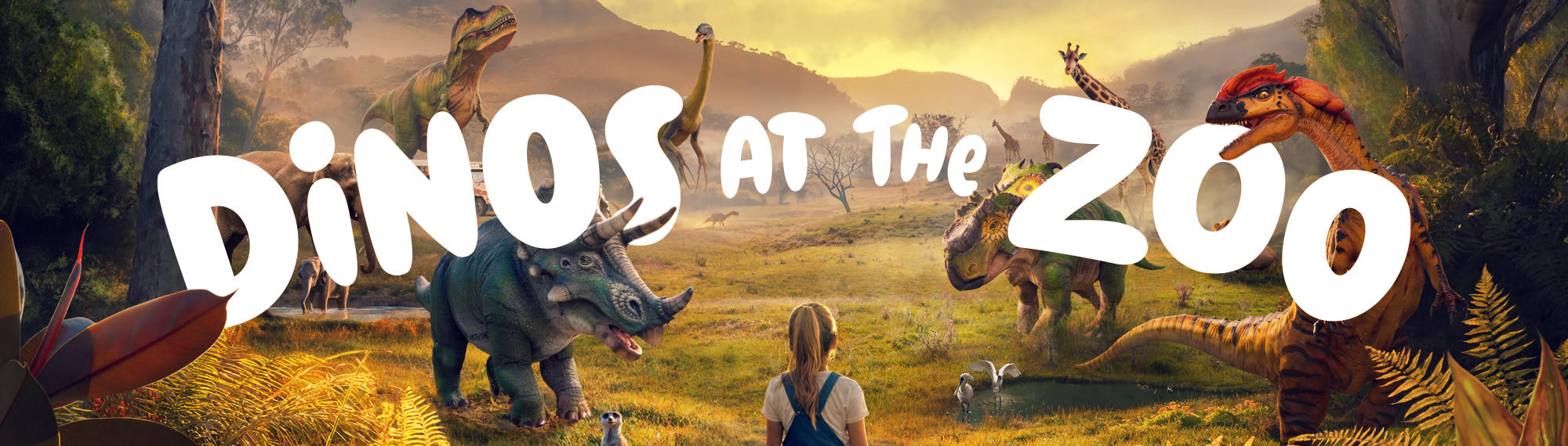 "Dinos at the Zoo" - A young guest, with her back to the camera, stands before a grassy scene with a Meerkat, Triceratops, two Elephants, Safari Bus, Tyrannosaurus, two Compsognathus, three Giraffes, Pachyrhinosaurus, Lion, Deinonychus and two Spoonbills.