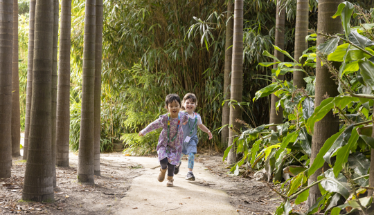 Two children with lanyards running through the Bamboo Forest.