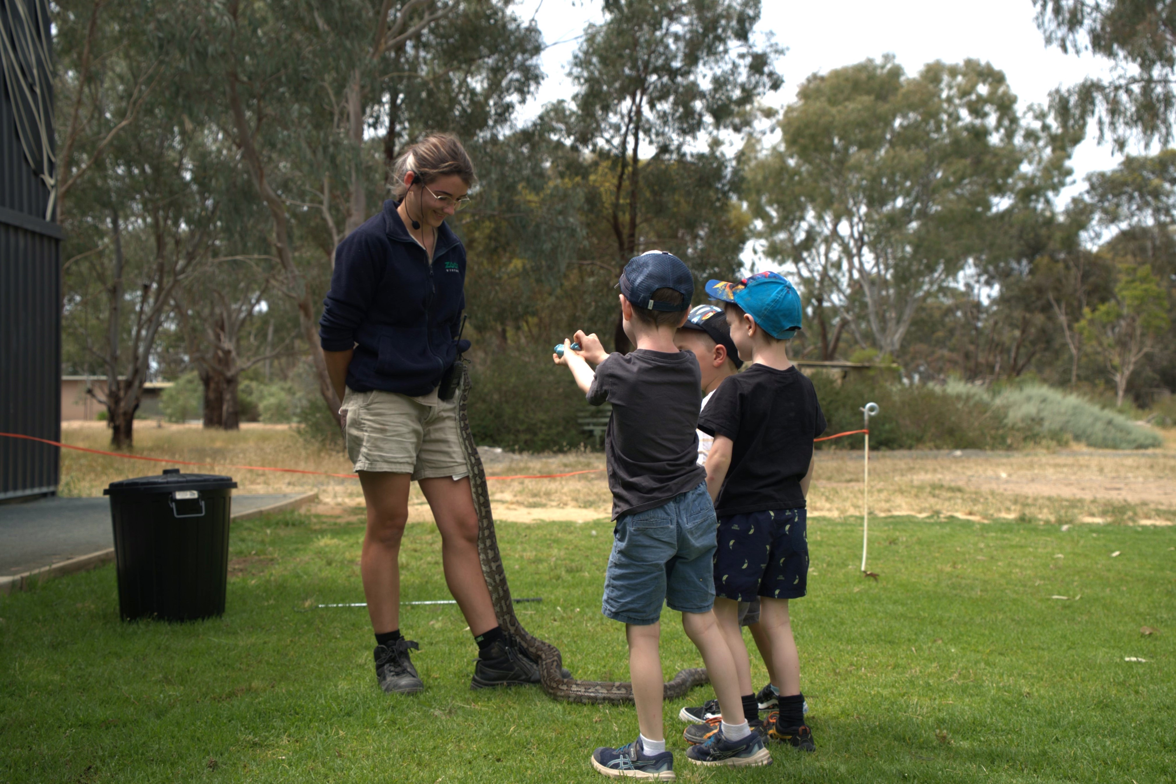 Keeper and three young guests hold up a Python, during a Wild Weekender encounter.
