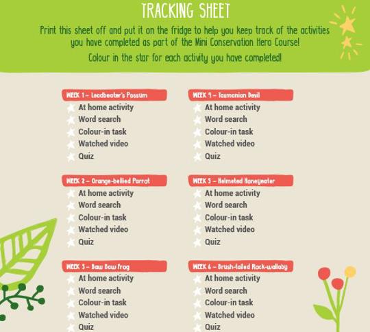 "Tracking Sheet: Print this sheet off and put it on the fridge to help you keep track of the activities you have completed as part of the Mini Conservation Hero Course!"