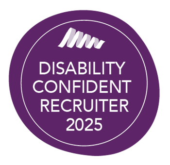 "Disability Confident Recruiter 2025": This text and logo is in a purple circle, resembling a wax seal.
