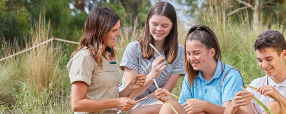 Three students an a zoo staff member hold long blades of grass while sitting in a tall grass area