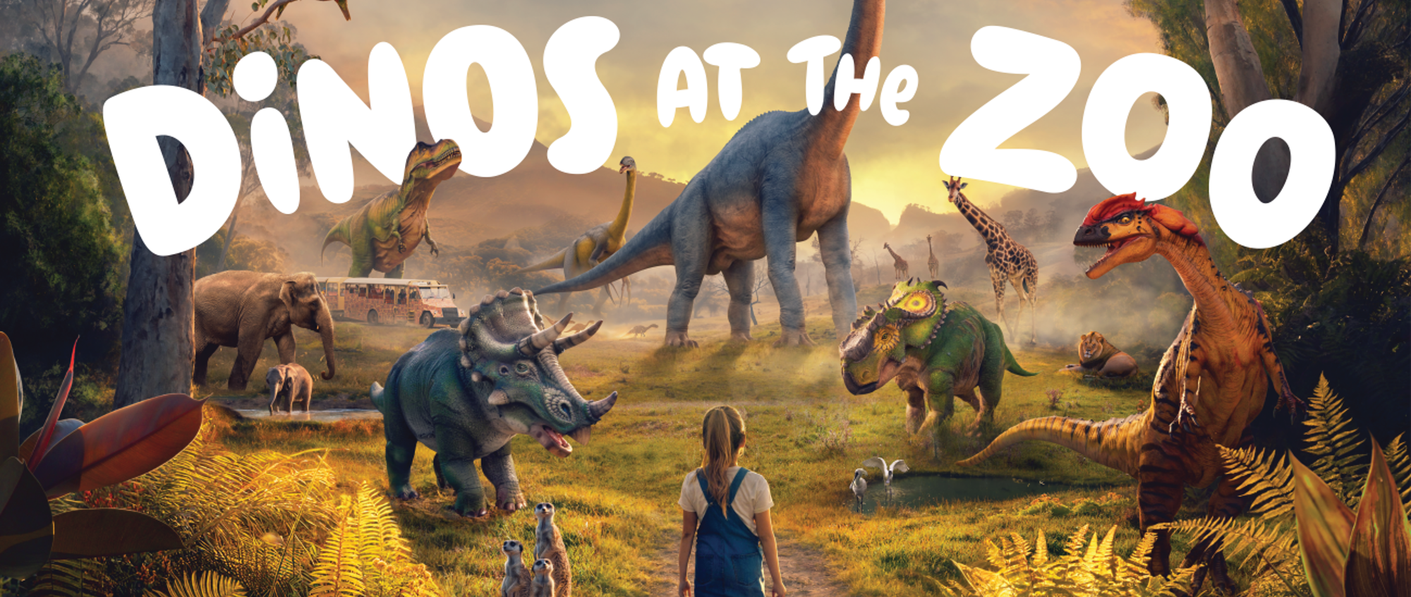 "Dinos at the Zoo" - A young guest, with her back to the camera, stands before a grassy scene with a Meerkat, Triceratops, two Elephants, Safari Bus, Tyrannosaurus, two Lorikeets, Macaw, two Compsognathus, Apatosaurus, Koala, three Giraffes, Pachyrhinosaurus, Lion, Deinonychus and two Spoonbills.