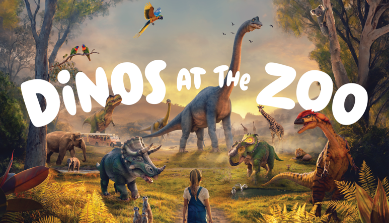 "Dinos at the Zoo" - A young guest, with her back to the camera, stands before a grassy scene with a Meerkat, Triceratops, two Elephants, Safari Bus, Tyrannosaurus, two Lorikeets, Macaw, two Compsognathus, Apatosaurus, Koala, three Giraffes, Pachyrhinosaurus, Lion, Deinonychus and two Spoonbills.