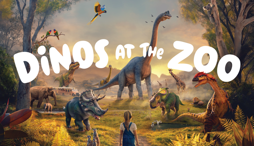 "Dinos at the Zoo" - A young guest, with her back to the camera, stands before a grassy scene with a Meerkat, Triceratops, two Elephants, Safari Bus, Tyrannosaurus, two Lorikeets, Macaw, two Compsognathus, Apatosaurus, Koala, three Giraffes, Pachyrhinosaurus, Lion, Deinonychus and two Spoonbills.