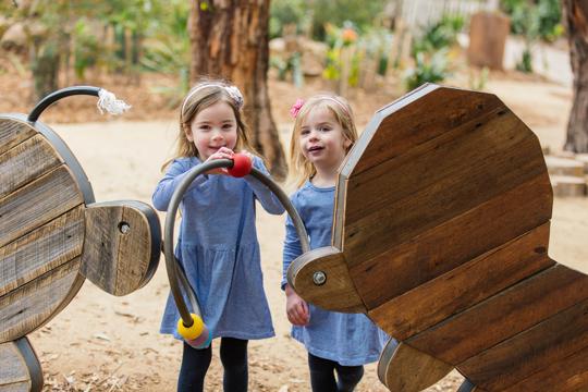 Two young girls looking at the camera standing behind some wooden play structures.