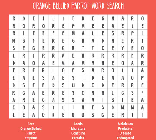 Orange-bellied Parrot word search.
