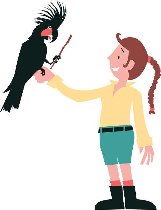 A science activity character for National Science Week 2026, with a black cockatoo resting on their hand.