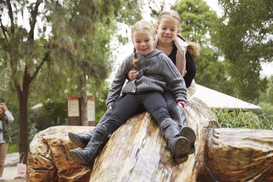 Kids, Abby (back) and Jesse (front) sliding down the tail of Megalania the giant chainsaw carving at Healesville Sanctuary