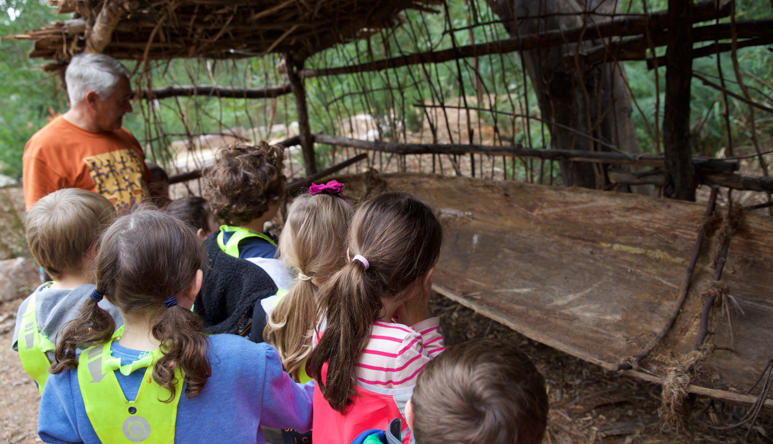 Murrundindi at Healesville Sanctuary showing school students how the bark had been stripped from the Scar tree to be used to make a canoe.