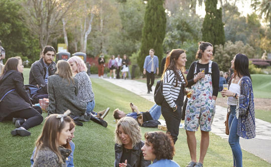 Crowd of people at Carousel Park, conversing, holding drinks and enjoying themselves at dusk.