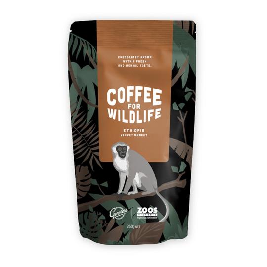 A coffee bag featuring the label 'Coffee for Wildlife: Ethiopia' and an illustration of a Vervet Monkey