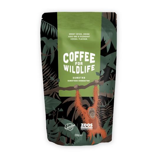 A coffee bag featuring the label 'Coffee for Wildlife: Sumatra' and an illustration of an orangutan