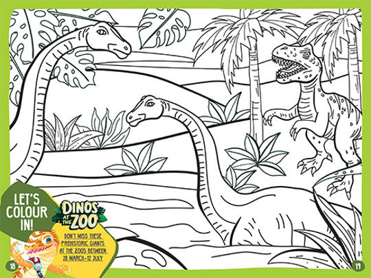 "Let's colour in!" - Image of three dinosaurs in colouring sheet.