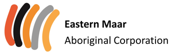 "Eastern Maar Aboriginal Corporation" - Text to the right of the logo, which consists of five broad, curved stripes in orange, black and grey.