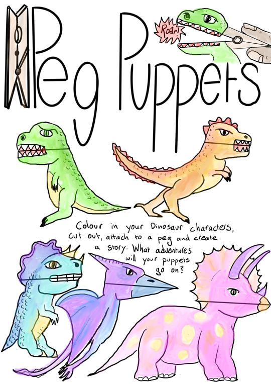 Peg Puppets, how to craft dinosaur characters with them.