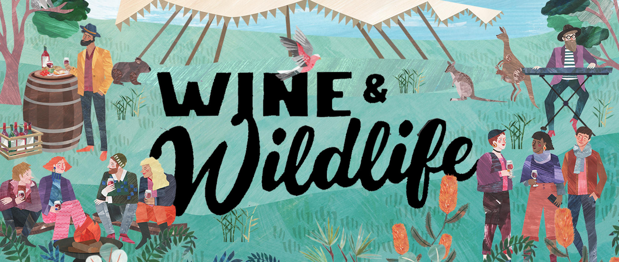 Wine & Wildlife texts with illustrations of people drinking wine in wildlife