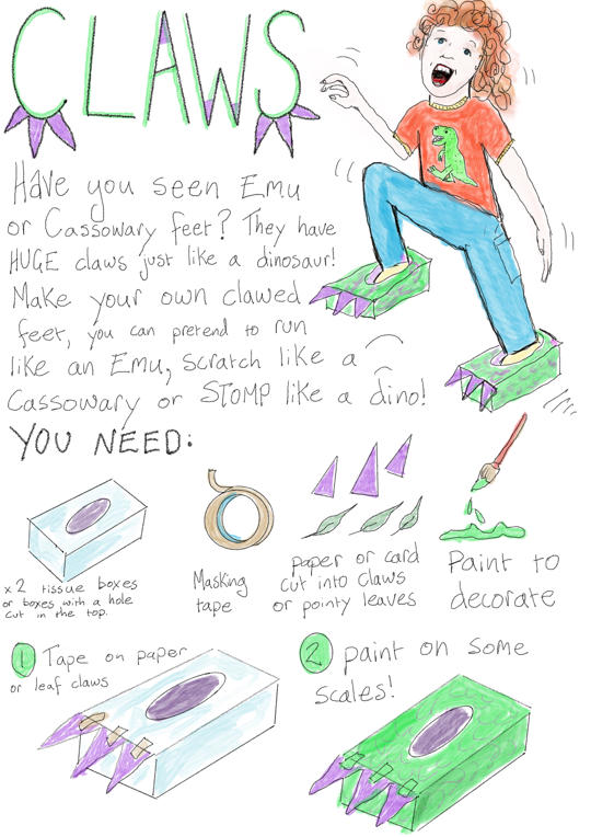 "Claws" - instructions on how to craft giant bird feet with tissue boxes.