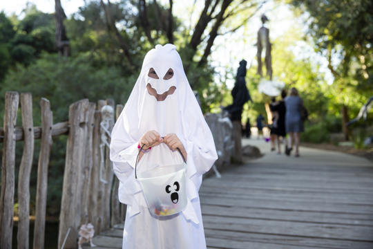 Child in a halloween ghost costume holding a trick or treat candy bucket
