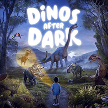 Dinos after dark texts with a boy surrounded by dinosaurs.