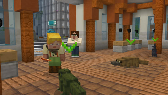 A recreation of a museum space, with two people, a Crocodile, a Bird and a Platypus, created in the game Minecraft.