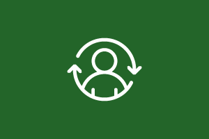 White line icon of a person within two curved arrows, forming a clockwise circle, on a deep green background.