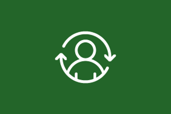 White line icon of a person within two curved arrows, forming a clockwise circle, on a deep green background.
