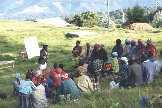 Crowd of at least thirty Rwandans listening to the hostess of a community training session in a grassy field.