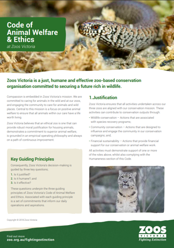 "Code of Animal Welfare and Ethics at Zoos Victoria" - featuring a Snow Leopard and Alpine She-oak Skink.