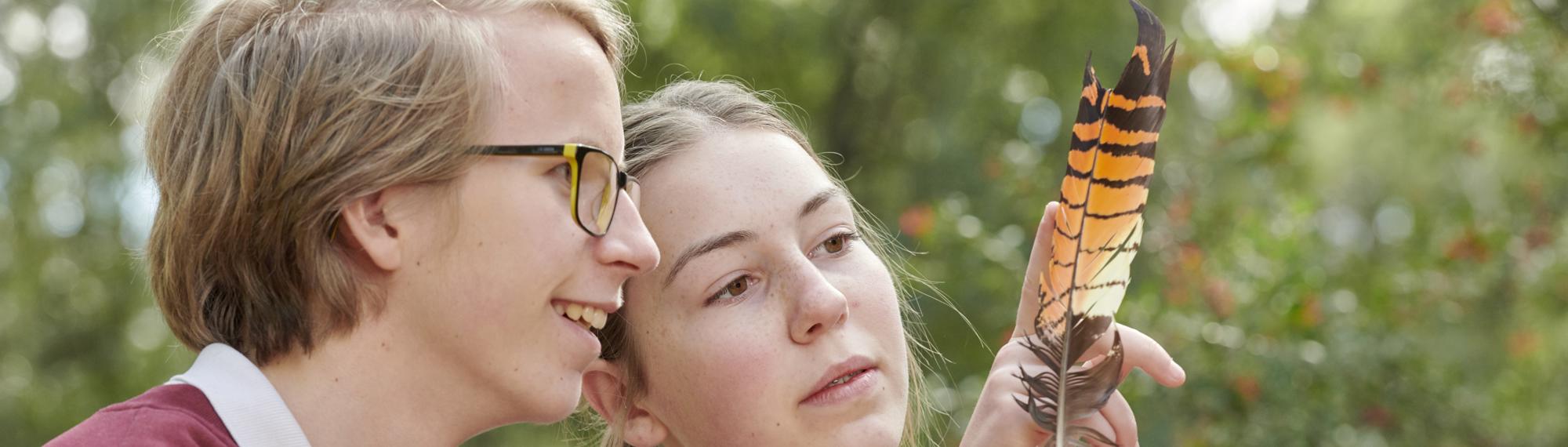 Two students examining an orange-and-brown-striped bird's feather, both facing right.