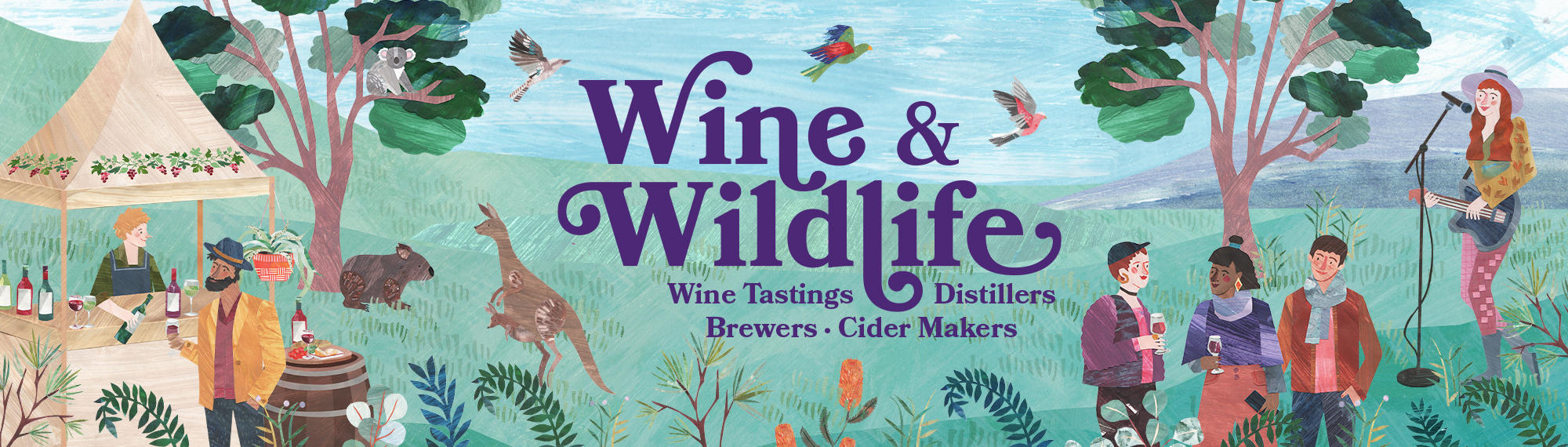 "Wild & Wildlife, wine tastings, distillers, brewers, cider makers" - an illustrated scene with six guests, two trees, three birds and two marsupials, surrounding the violet text.