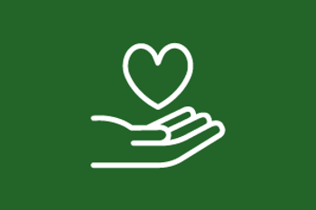 White line icon of a heart above an open hand, pointed right on a deep green background.