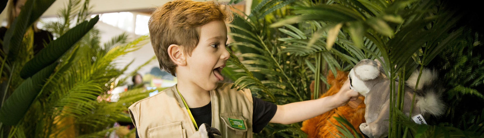A young guest in a Keeper vest excitedly plays with two plush Lemurs, with an Orangutan and ferns behind him.