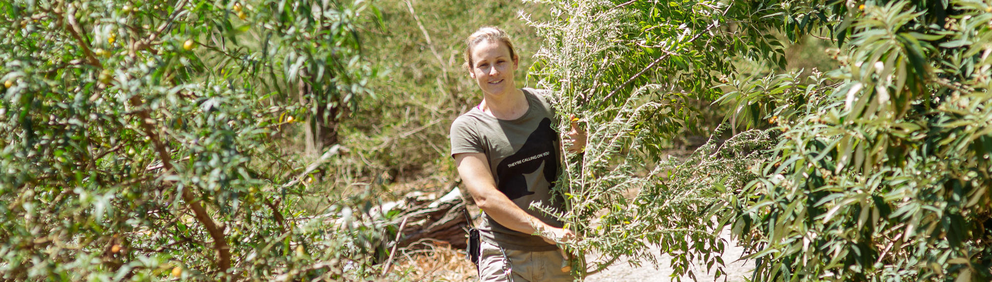 Woman trekking through bushes, as she approached the camera.
