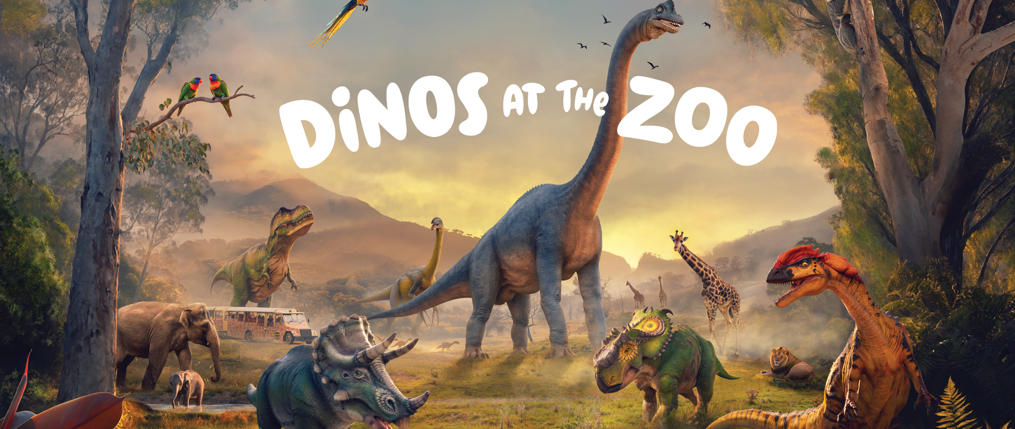 Text says dinos at the zoo. Image shows a number of dinosaurs surrounded by elephants, giraffes, lions, lorikeets, macaws and koalas