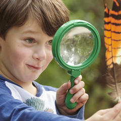 Kinder Kid examines a brown-and-orange feather with a green magnifying glass.