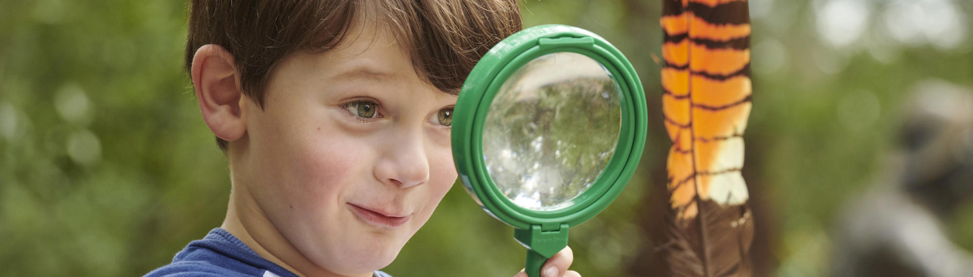 Kinder Keeper Kid examines a brown-and-orange feather with a green-framed magnifying glass.