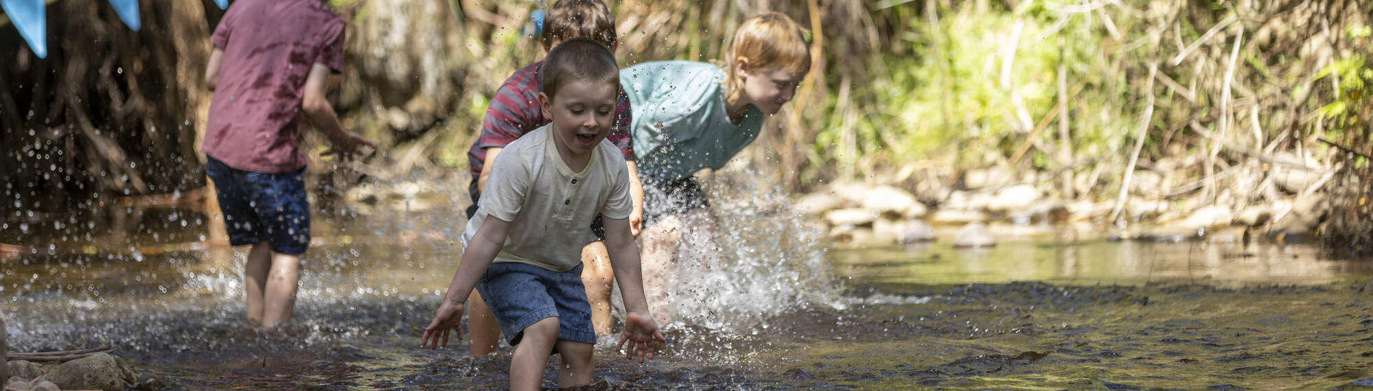 Newly opened Creek Play at Healesville Sanctuary: Four children playing and splashing in creek with newly installed water fountains.